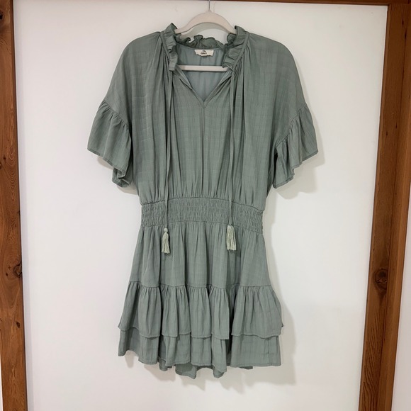 entro Dresses & Skirts - Entro Tiered Ruffle Mini Dress Women Large Sage Green Smocked Waist Cottagecore
